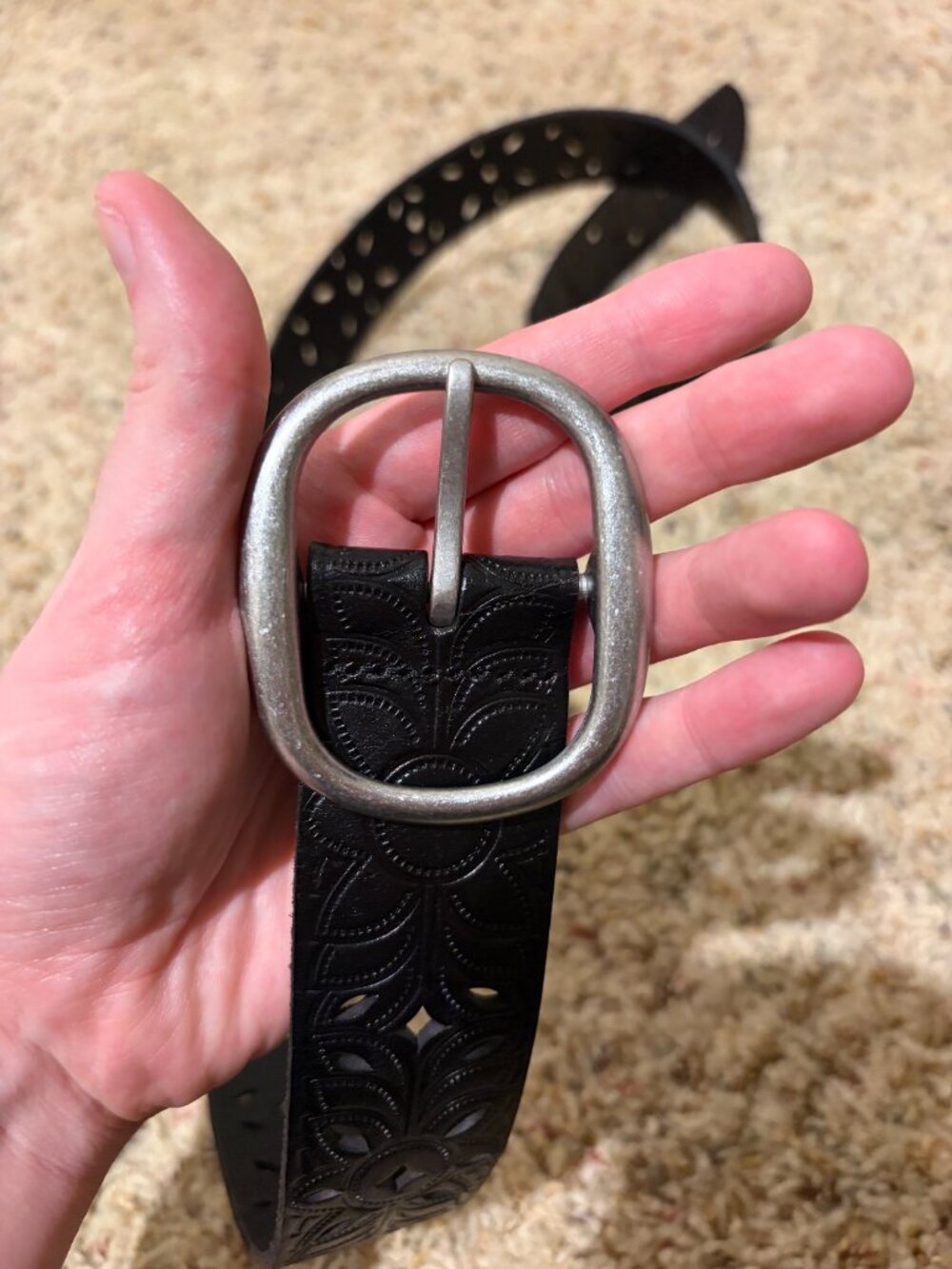 Fossil Floral Perforated Strap Belt Black Silver Buckle - Picture 3 of 14